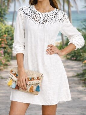 Johnny Was Cielito Modal Dress White Crochet Yoke Boho Tunic Removable Slip NWT